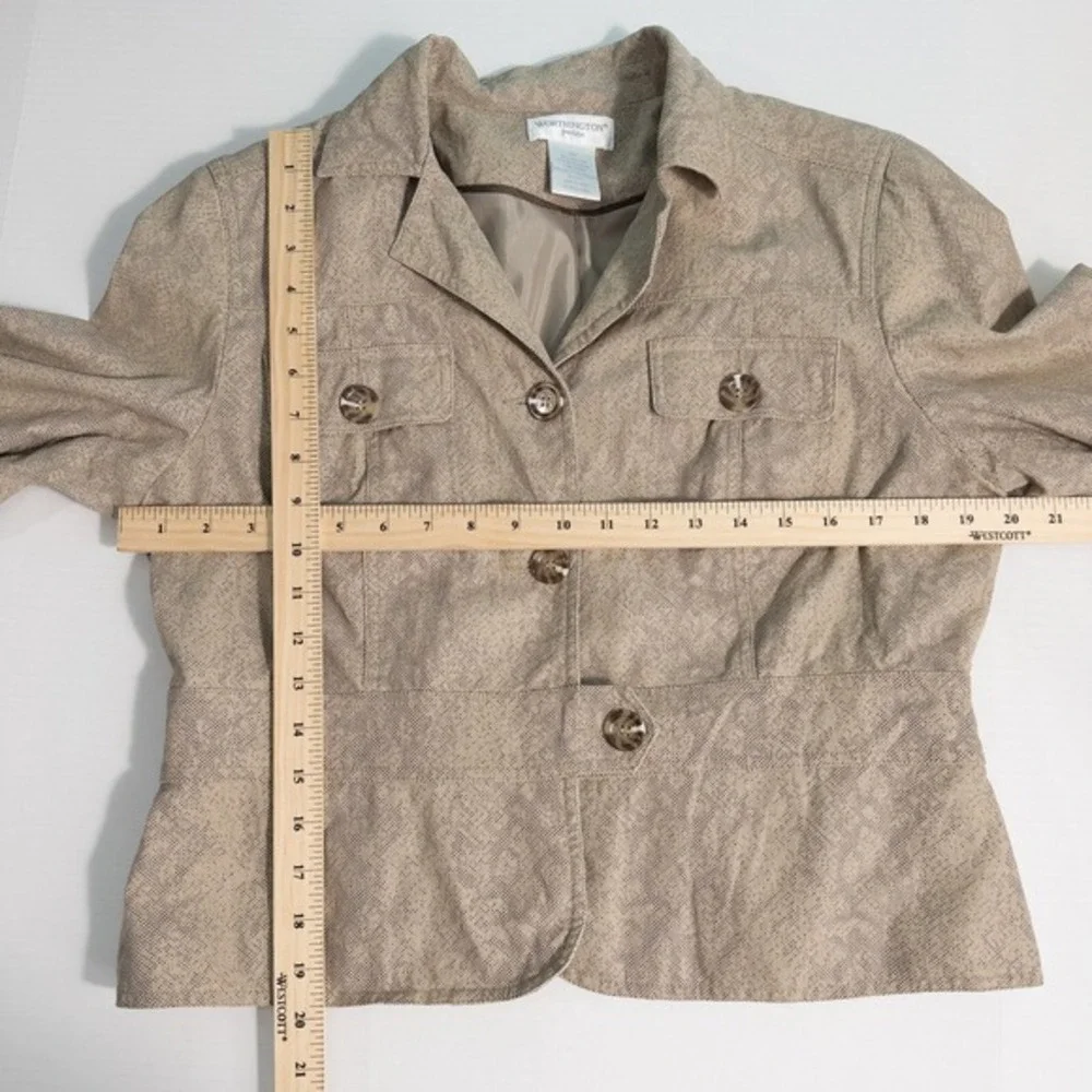 Worthington Linen Blend Blazer Jacket Women Size 14P Tan Snakeskin Lined Neutral